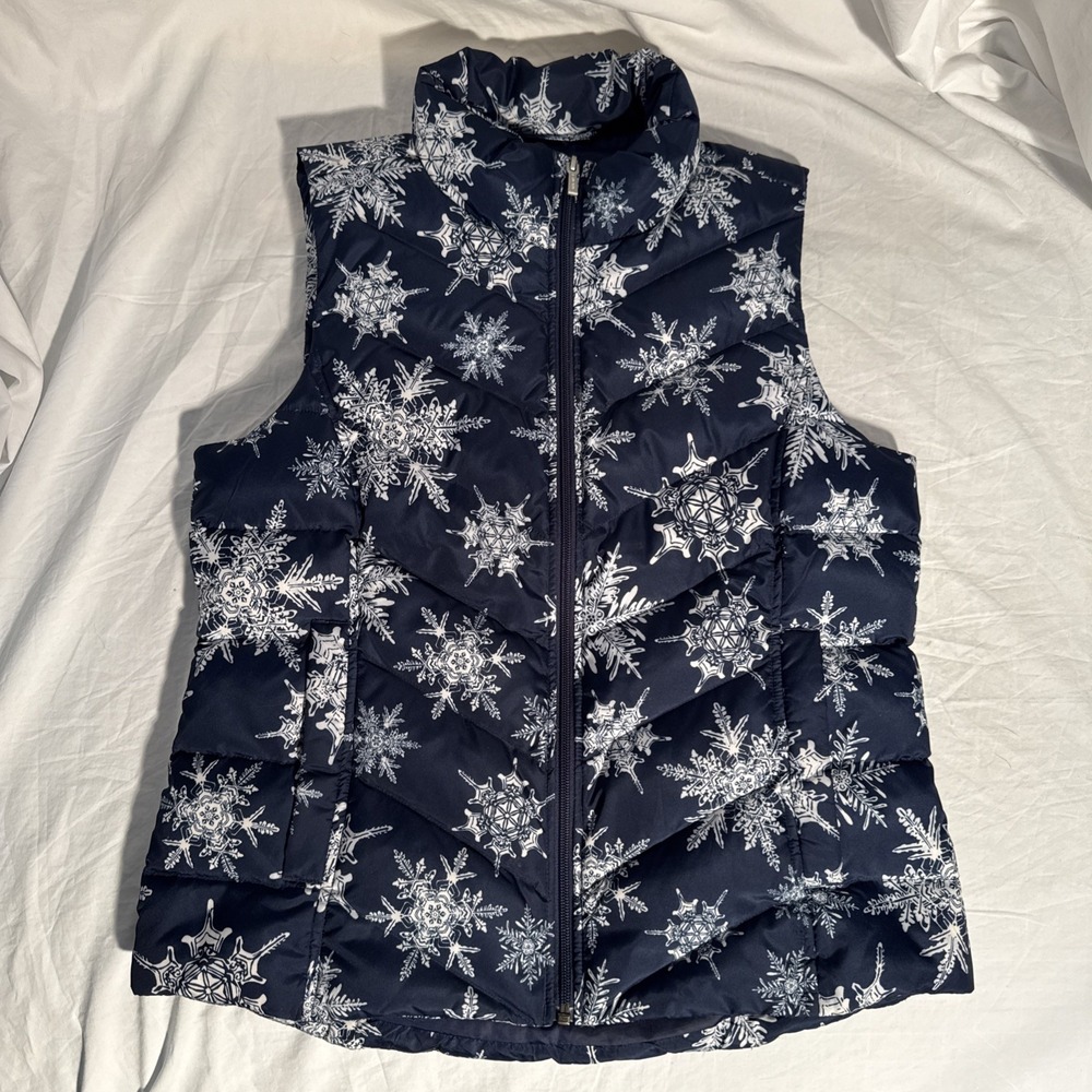 Lands' End Women's Quilted Puffer Down Vest Zip Blue White Snowflakes Size Small